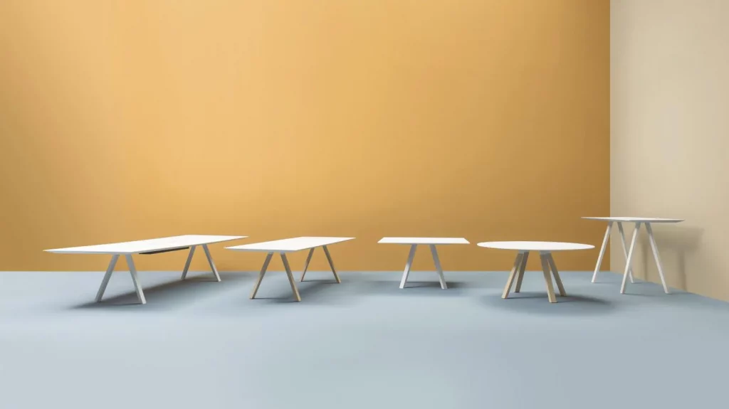 Fünf moderne Designertische mit weißen Tischplatten und Holzgestell vor orangefarbener Wand - Interior Design Konzept