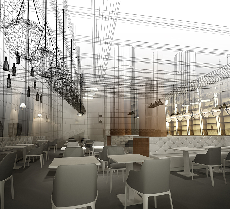 3D Visualisierung einer Gastronomie gestaltet vom Interior Designer und Raumgestalter
