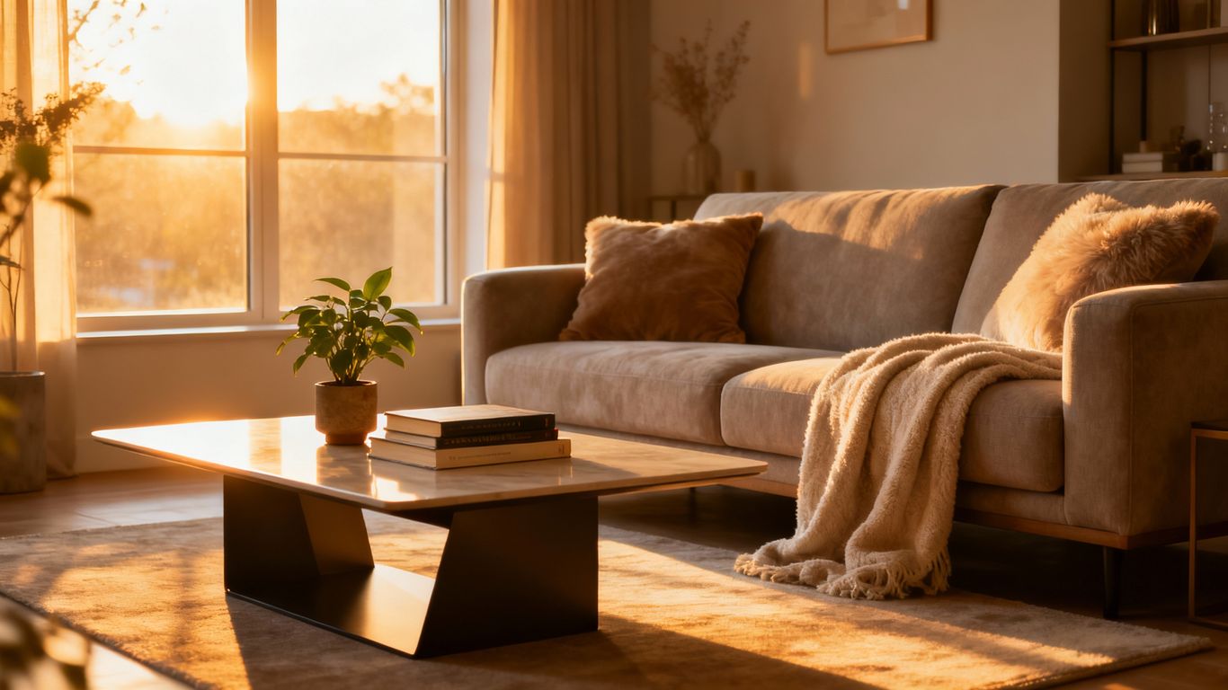 Gemütliches Wohnzimmer mit Sofa, Kissen und Sonnenschein.