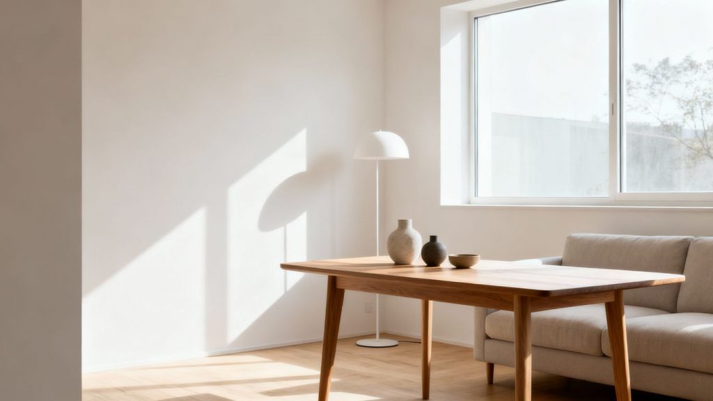 Minimalistisches Wohnzimmer mit viel Licht und Ordnung.