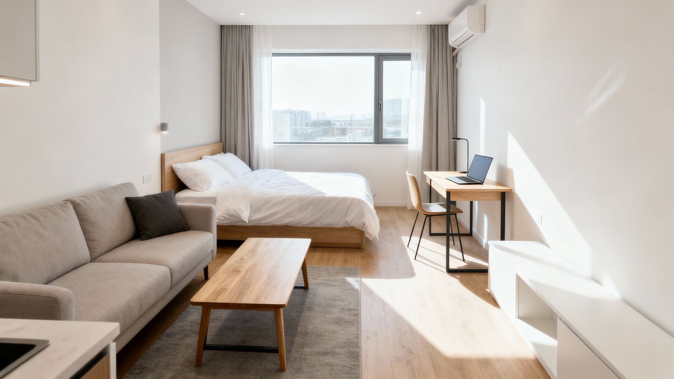 Modernes Studio Apartment mit Wohn-, Schlaf- und Arbeitsbereich.