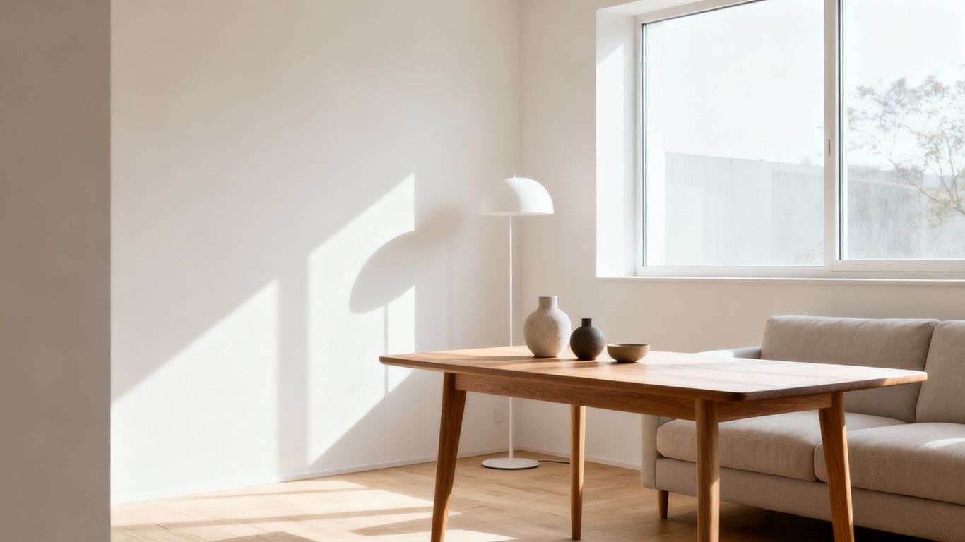 Minimalistisches Wohnzimmer mit viel Licht und Ordnung.