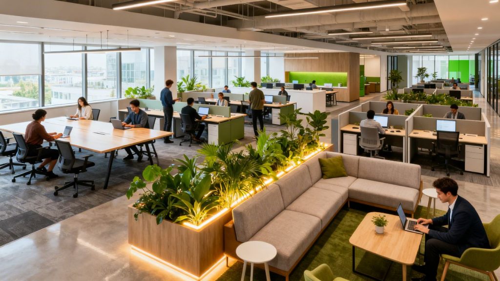 Moderne Bürolandschaft mit flexiblen Arbeitsbereichen und Pflanzen.