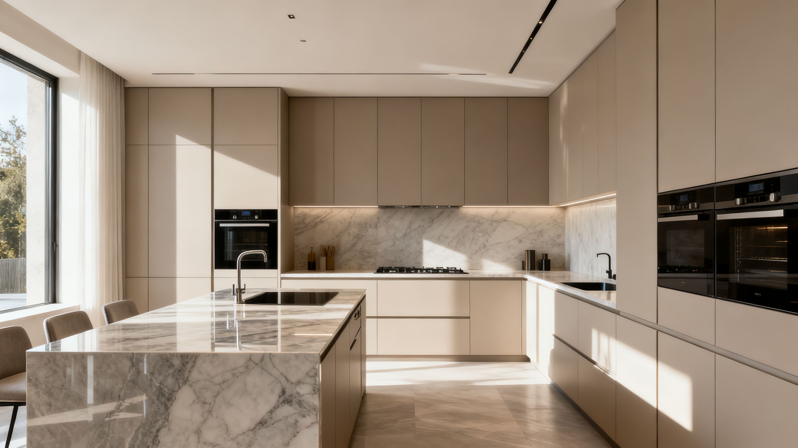 Minimalist luxury kitchen with clean lines and integrated appliances.