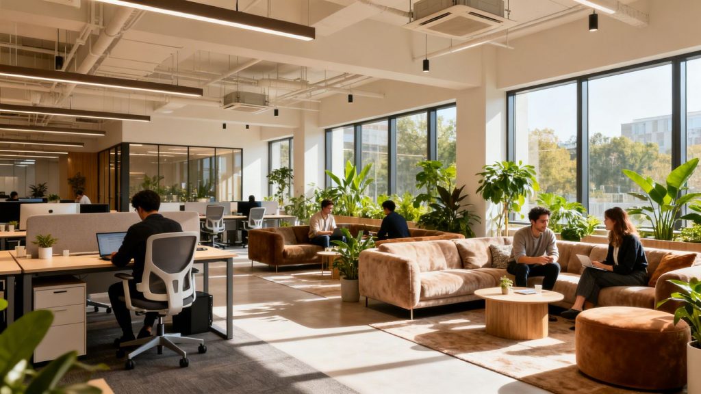 Moderner Co-Working Space mit Arbeitsplätzen und Gemeinschaftsbereichen.