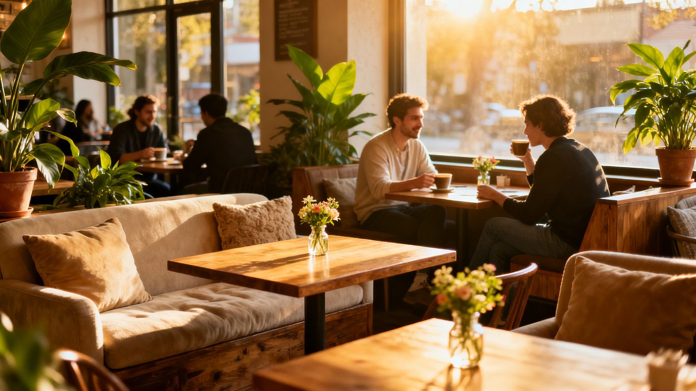 Gemütliches Café mit stilvoller Einrichtung und warmem Licht.